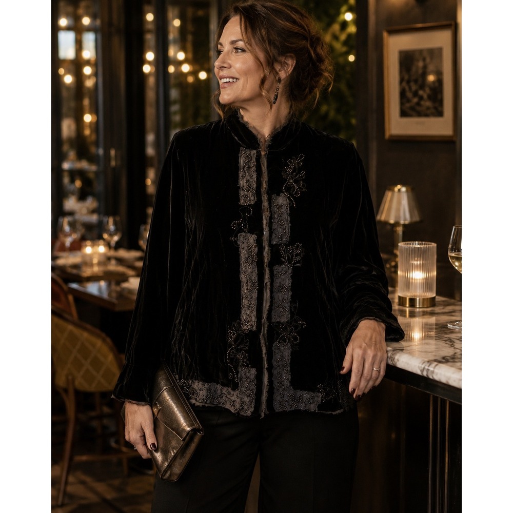 Chicos Black Silk Blend Velvet Beaded Lace Jacket Mandarin Collar Size‎ 2